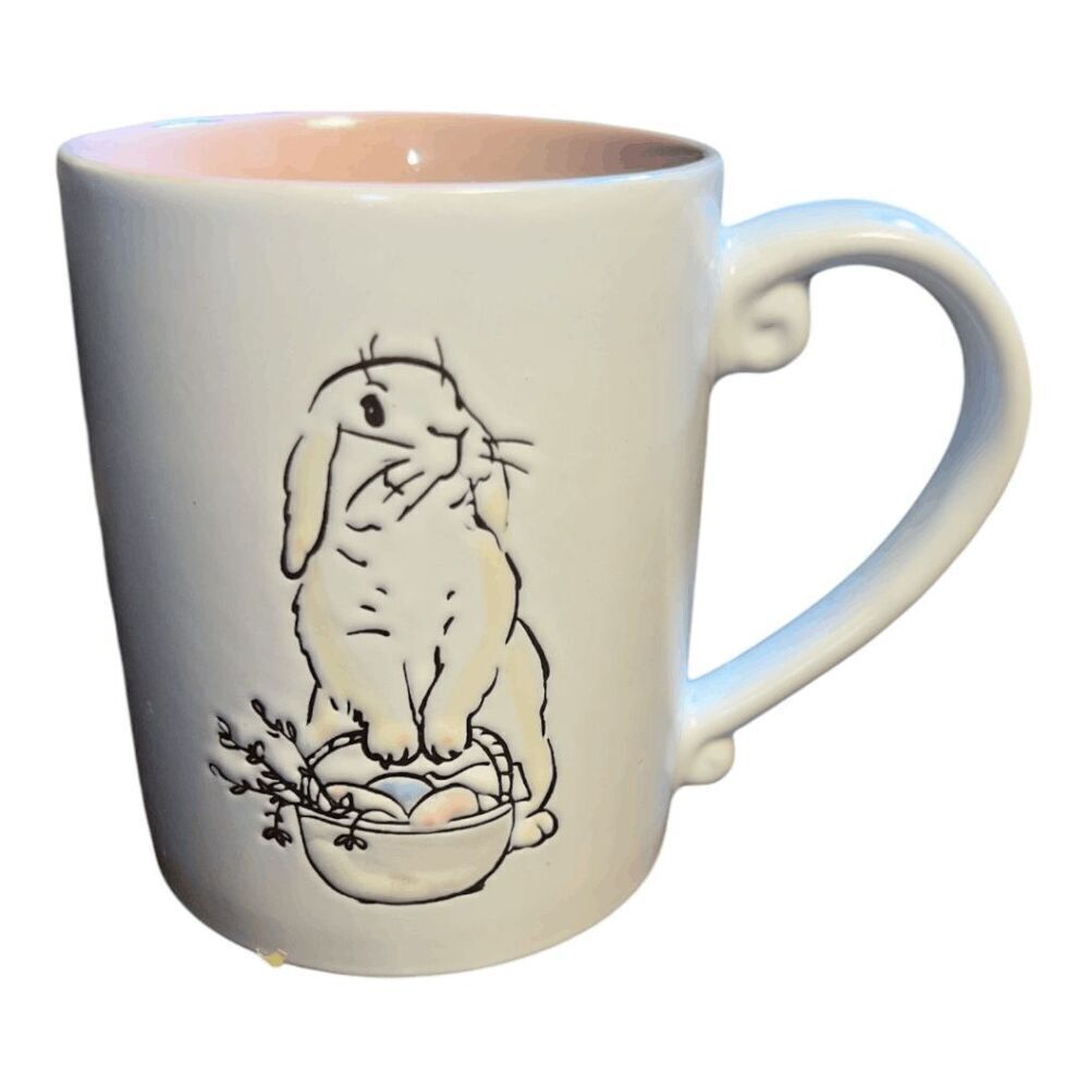 Spring Ceramic Mug with Rabbit Design, 16 oz, Pink Interior